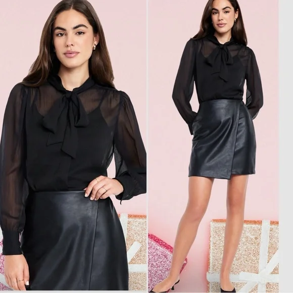 NWTS💓THE OCCASION L💓BLACK SHEER CHIFFON & (FAUX) LEATHER WRAP SKIRT BUNDLE SET💓 - Picture 2 of 14